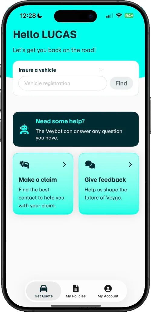 An in-app screenshot of Veygo's home screen.