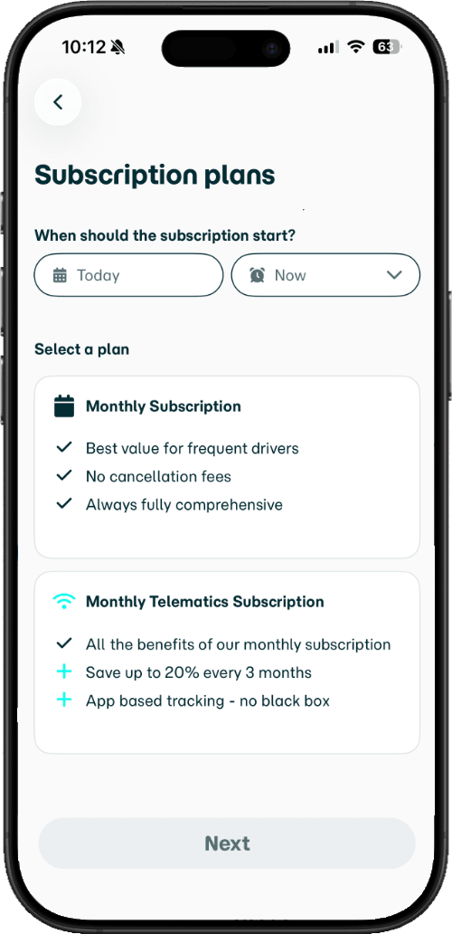 An screenshot within Veygo's app showing the subscription plan options.