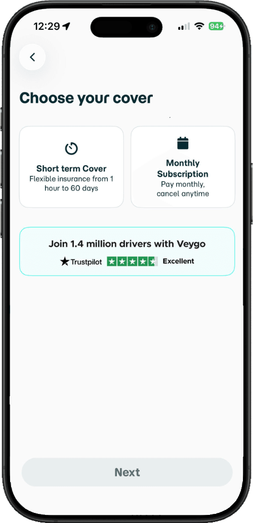 A screenshot within the Veygo app showing the options available for you to choose from for car insurance cover.