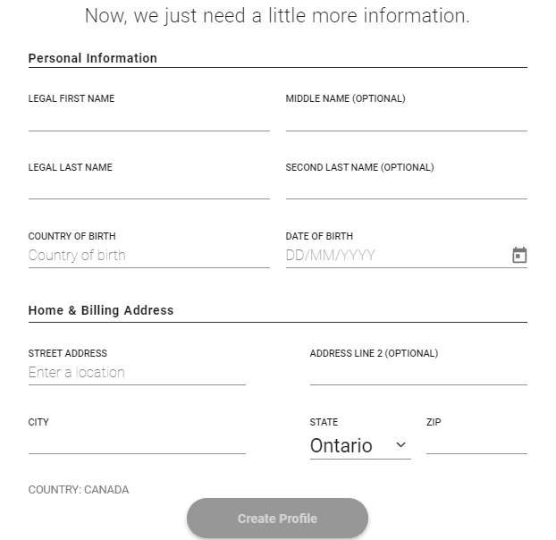 MoneyGram signup form, enter personal information
