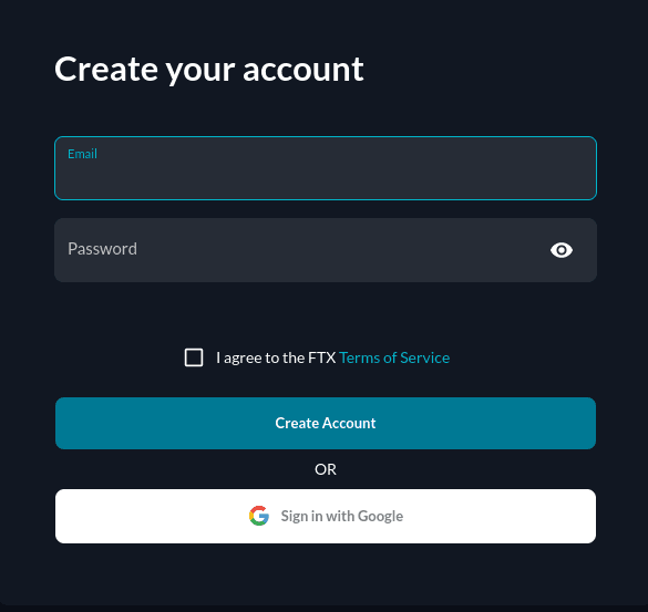 FTX create an account page