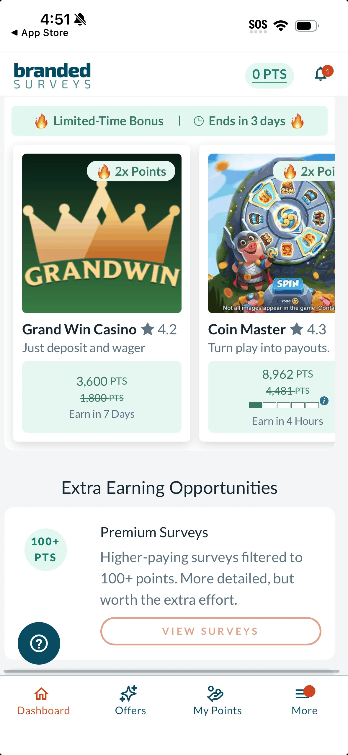 Branded Surveys app featured offers screen showing Grand Win Casino and Coin Master promotions