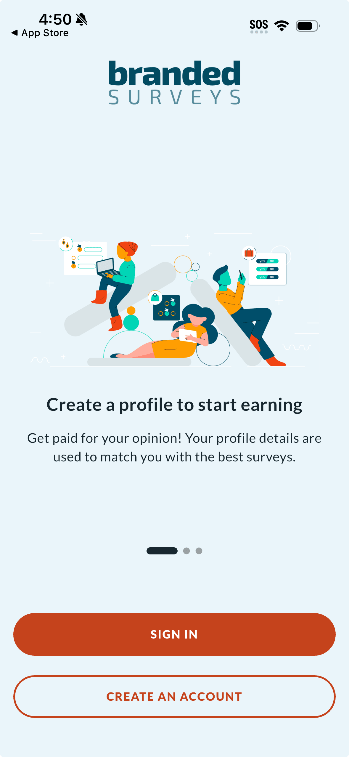  Branded Surveys app sign in and create account screen