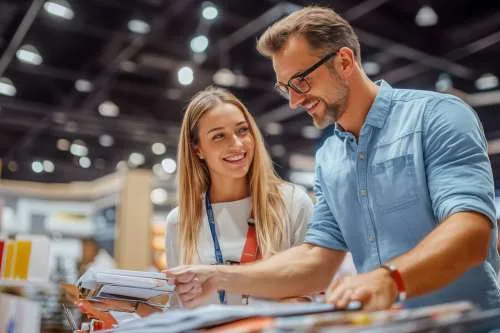 Two professionals reviewing printed materials in a modern workspace, discussing product options and details