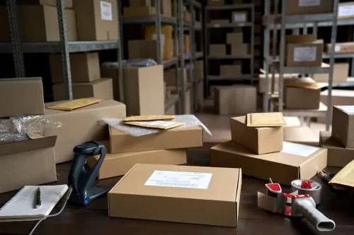 Warehouse workspace with multiple cardboard boxes prepared for shipping, packaging tools on a table, and shelves in the background