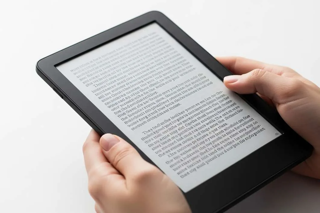 Someone reading an ebook on a Kindle