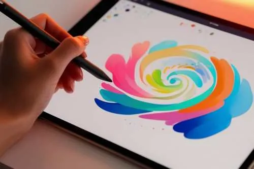 A person's hand using a black stylus to draw a vibrant, multi-colored swirl design on a digital tablet.