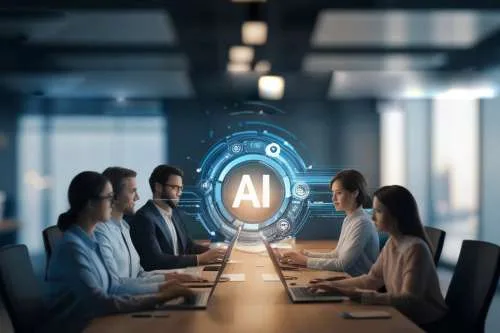 A group of five business professionals sitting around a long conference table, working on laptops. A large, glowing circular holographic "AI" logo floats in the center of the table