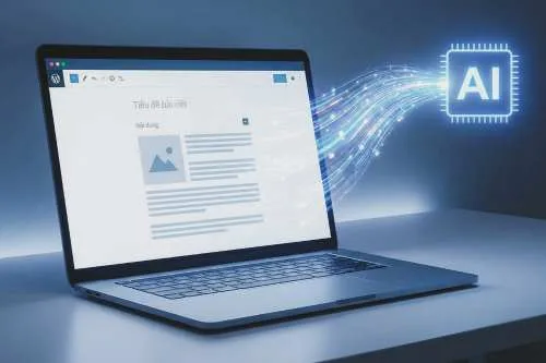 A laptop sitting on a desk showing a WordPress website editor on the screen.