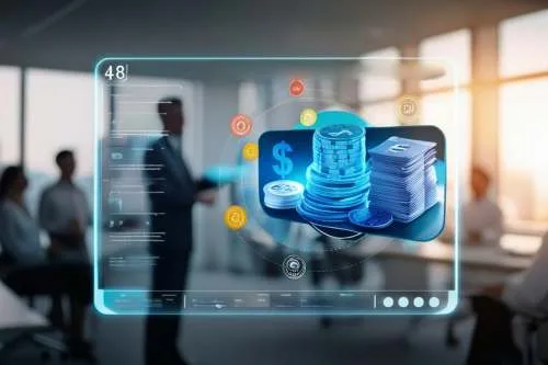 A futuristic, glowing digital interface overlaying a blurred office setting.