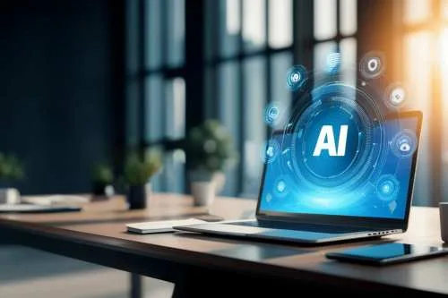 Laptop on a desk displaying a digital interface with the text 