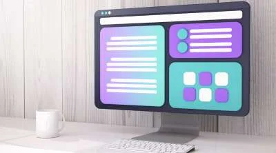 3D illustration of a computer monitor on a white desk showing a stylized, modular user interface with purple and teal elements.