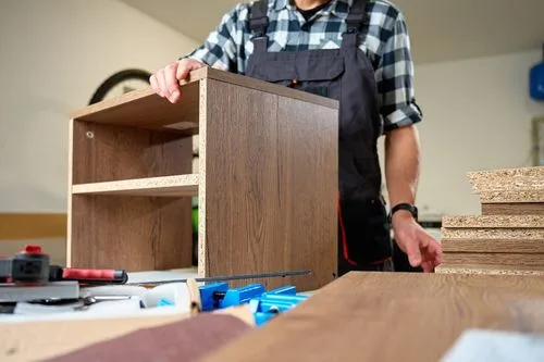 Man repairing a wooden cabinet