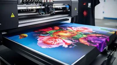 A large-format industrial printer applying a vibrant, colorful floral design onto a dark fabric or garment.