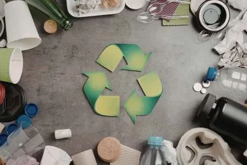 A top-down view of a green and yellow recycling symbol centered on a grey surface, surrounded by a border of various recyclable waste items including plastic bottles, paper cups, glass, and metal lids.