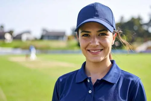 A smiling young woman wearing a navy blue baseball cap and a matching polo shirt poses for a portrait outdoors.