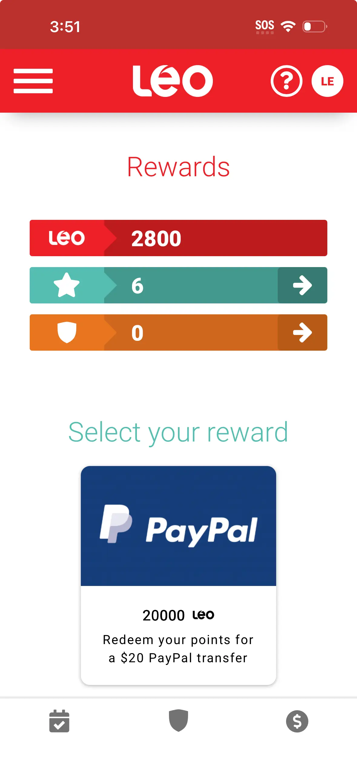 LEO app screenshot, reward page